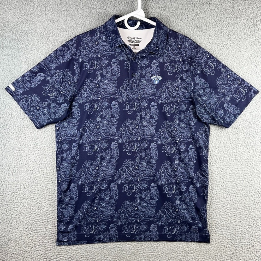 Straight Down Mens M Blue Sea Life Performance Golf Shirt ocean animals
